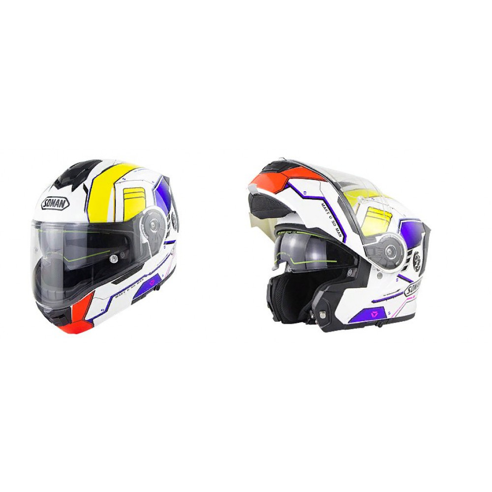 Модульный мотоциклетный шлем SOMAN PA901 (белый-синий-желтый)