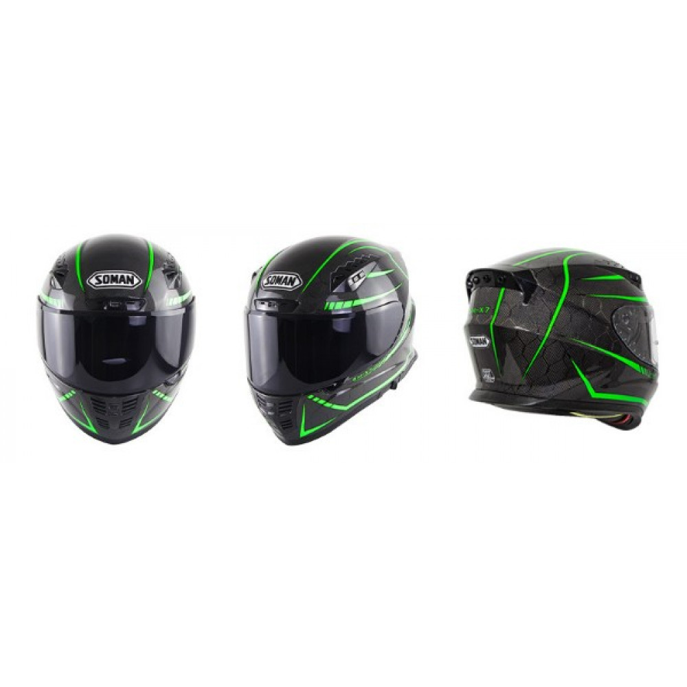 Шлем для мотоцикла SOMAN SM-X7 с черным визором (черный-зеленый)